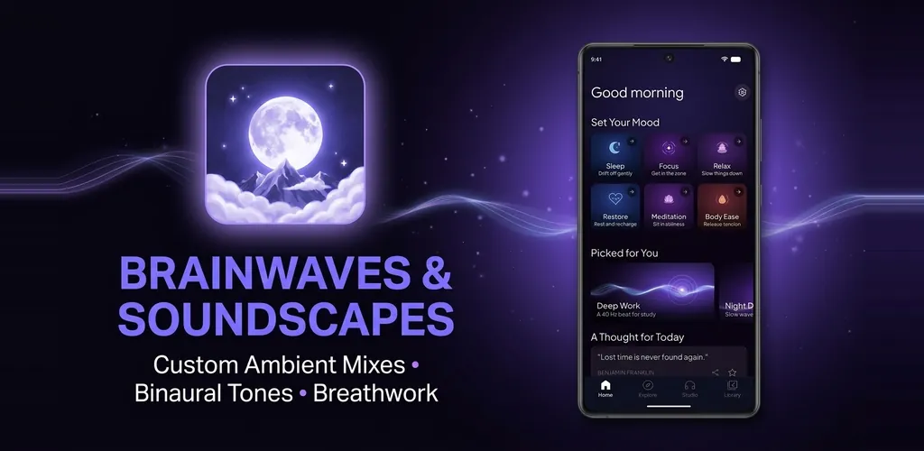 Sleepify home screen with moods: Sleep, Focus, Relax, Restore, Meditation, Body Ease